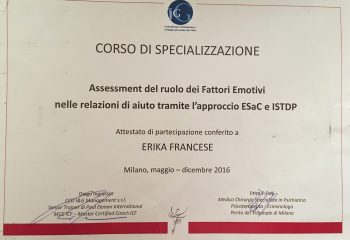Attestato corso di specializzazione "Assessement del ruolo dei Fattori Emotivi nelle relazioni di aiuto tramite approccio ESaC ISTDP